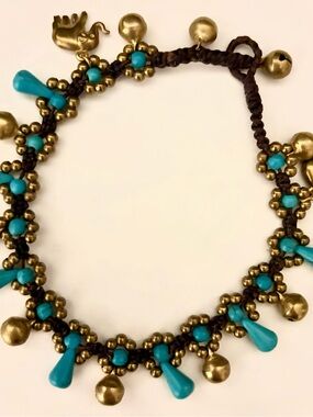 Turquoise Bead Anklet with Gold Charms
